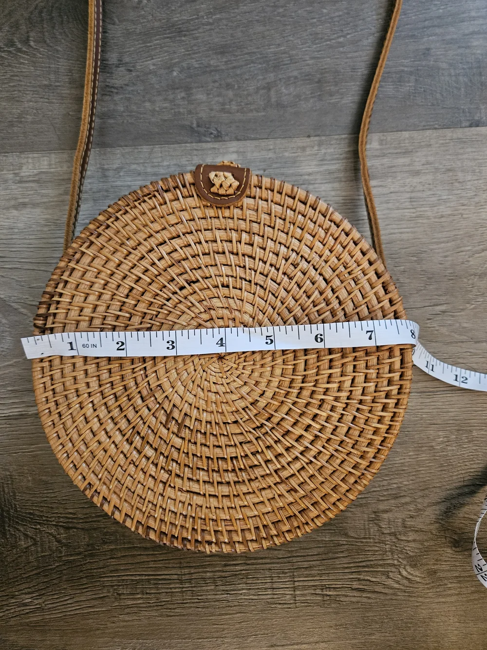 Round Woven Crossbody Boho Bag in Natural Tan.